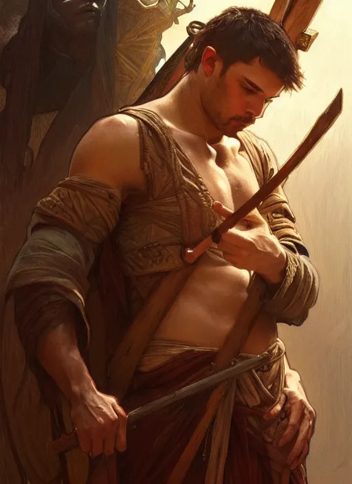 Image similar to portrait of biblical cain holding a spear, intricate, headshot, highly detailed, digital painting, artstation, concept art, sharp focus, cinematic lighting, illustration, art by artgerm and greg rutkowski, alphonse mucha, cgsociety