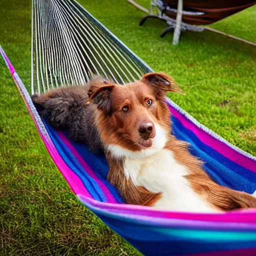 Image similar to brown border collie relaxing in a hammock, drinking hot chocolate