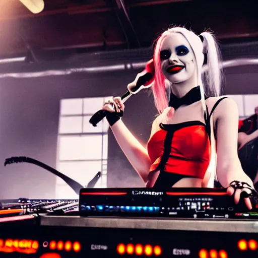 Prompt: harley quinn on the dj decks