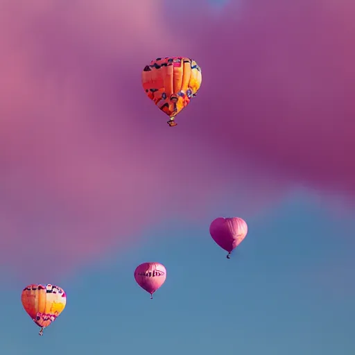 Prompt: a 5 0 mm lens photograph of a cute pink floating house in the sky, held in the air by heart shaped vibrant ballons, inspired by the movie up. mist, playful composition canon, nikon, award winning, photo of the year