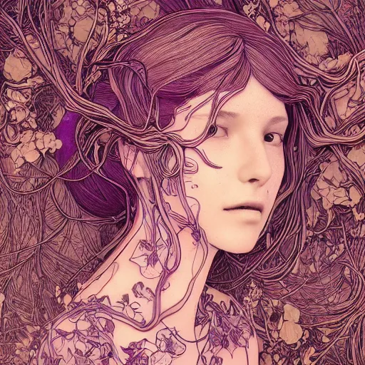 Prompt: the portrait of an incredibly beautiful woman made of potatoes roots and violets, an ultrafine detailed illustration by james jean, final fantasy, intricate linework, bright colors, behance contest winner, vanitas, angular, altermodern, unreal engine 5 highly rendered, global illumination, radiant light, detailed and intricate environment