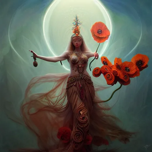 Prompt: unique non-conventional beautiful goddess of poppy, surreal, fantasy, intricate, elegant, dramatic lighting, emotionally evoking symbolic metaphor, highly detailed, lifelike, photorealistic, digital painting, painterly, artstation, concept art, smooth, sharp focus, illustration, art by John Collier and Krenz Cushart and Artem Demura and Alphonse Mucha and Albert Aublet