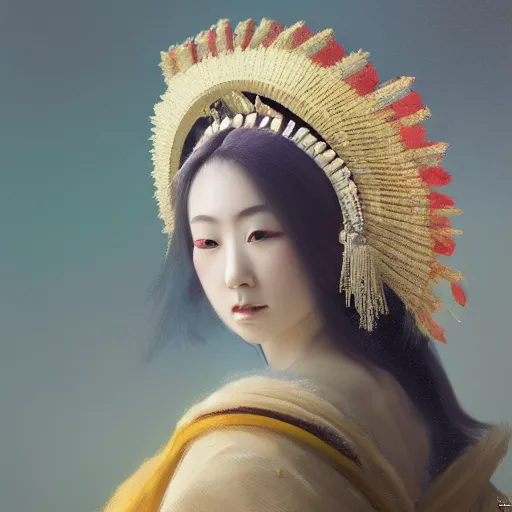 Image similar to beautiful japanese oil panting of a lady in headdress, rendered by octane, depth of field, ultra detailed, rococo, zen concept, trending on artstation, 8k