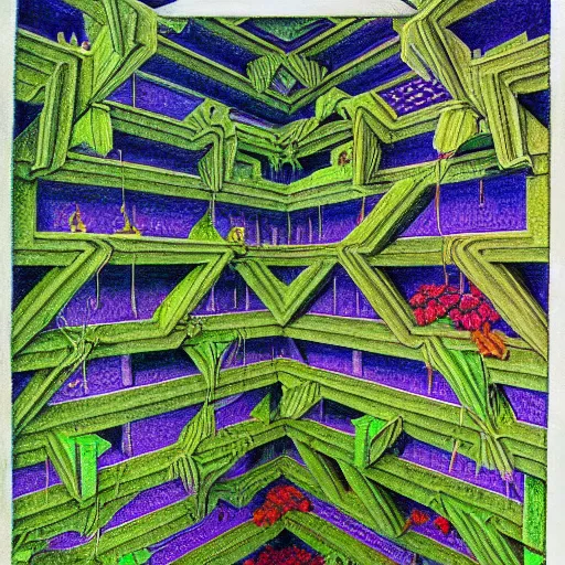 Image similar to hanging gardens of babylon, in the style of m c escher, colored pencil drawing