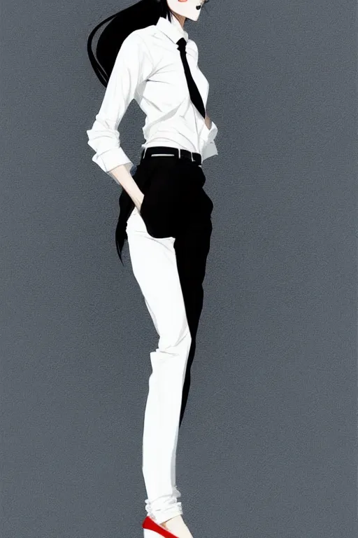 Image similar to a ultradetailed beautiful panting of a stylish woman, she is wearing a white shirt with a tie and black pants, by conrad roset, greg rutkowski and makoto shinkai trending on artstation