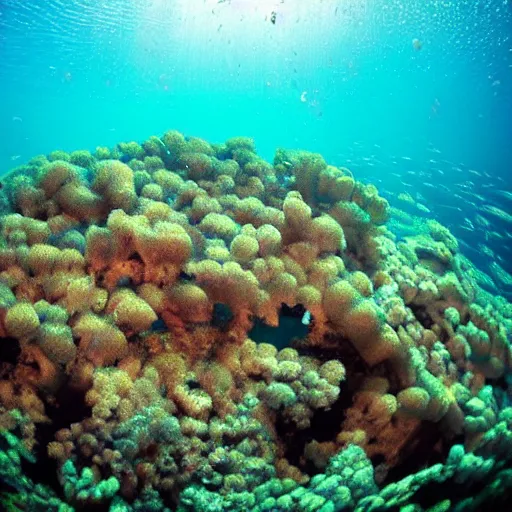 Image similar to the sydney opera house, underwater shot. coral reef. award-winning photography