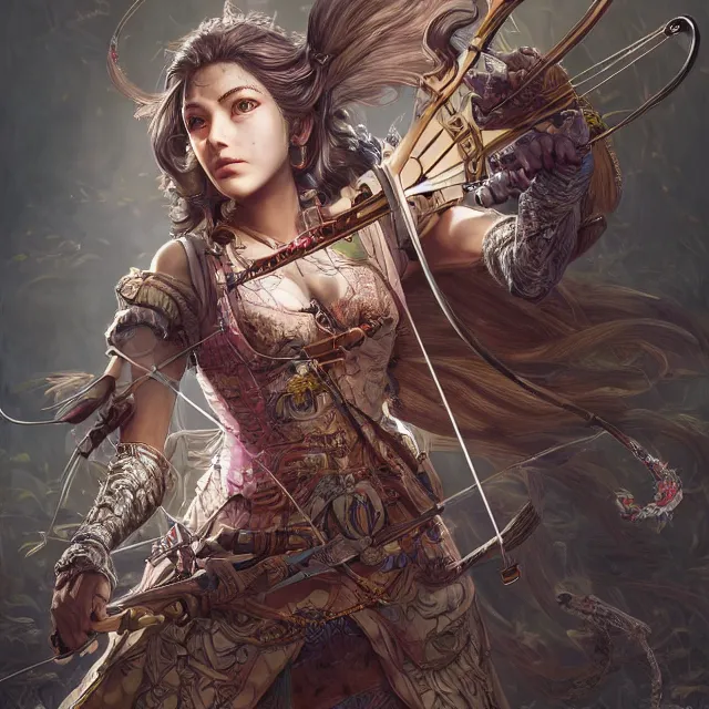 Image similar to the portrait of lawful neutral semi - colorful female archer huntress as absurdly beautiful, gorgeous, elegant, young woman, an ultrafine hyperdetailed illustration by kim jung gi, irakli nadar, intricate linework, bright colors, octopath traveler, final fantasy, unreal engine 5 highly rendered, global illumination, radiant light, detailed and intricate environment