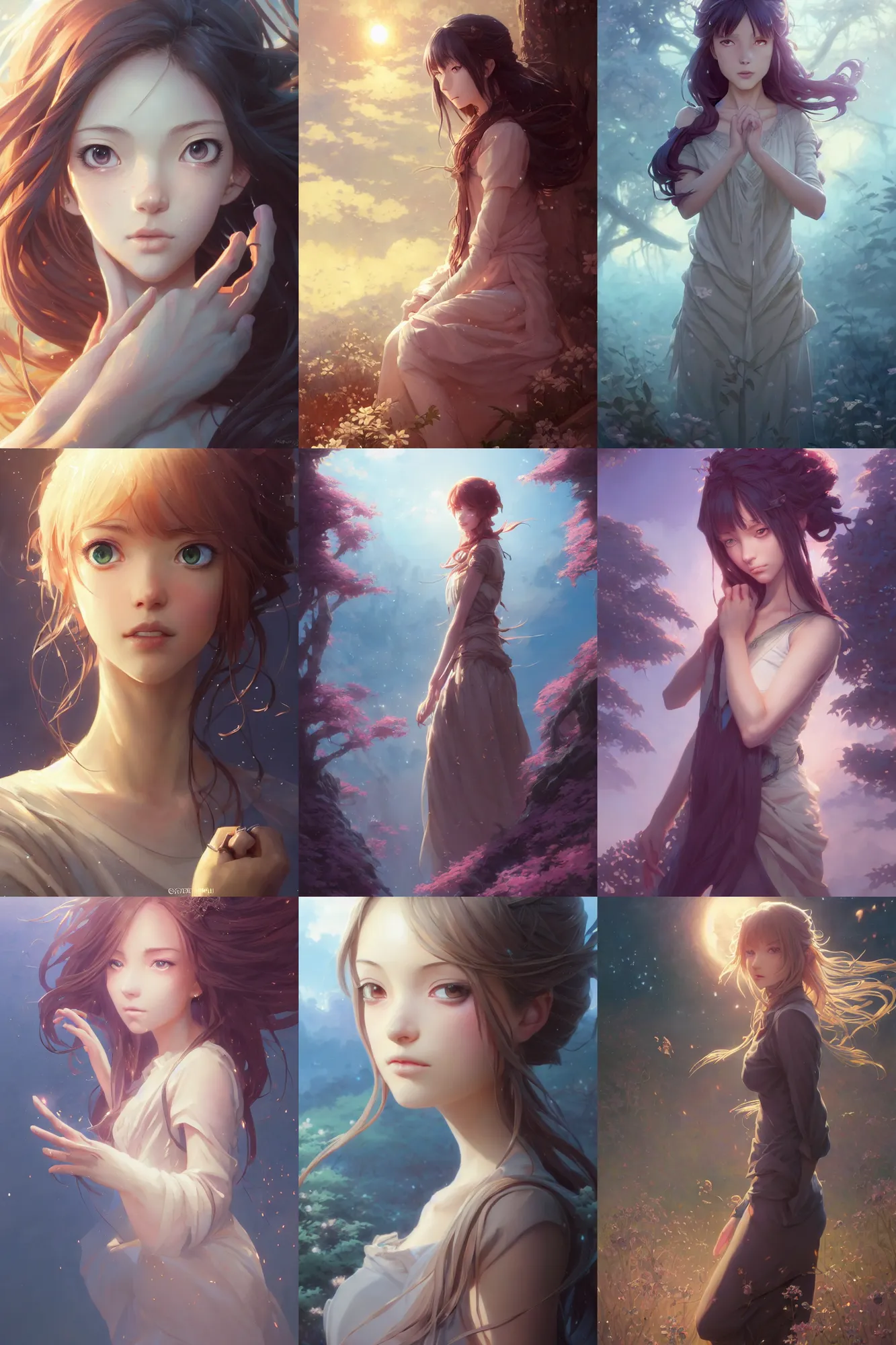 Prompt: highly detailed portrait of beautiful girl with anime features standing peacefully, detailed hands, dynamic pose, stephen bliss, unreal engine, fantasy art by greg rutkowski, loish, rhads, ferdinand knab, makoto shinkai and lois van baarle, ilya kuvshinov, rossdraws, tom bagshaw, global illumination, radiant light, detailed and intricate environment