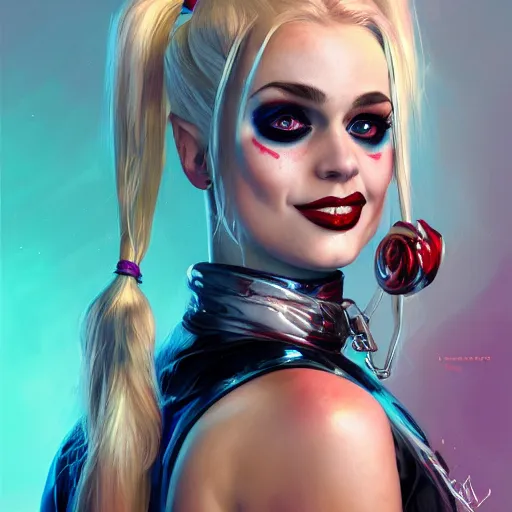 Image similar to Harley Quinn, young woman with blonde hair and two pigtails wearing a shiny latex top, face, fantasy, intricate, elegant, highly detailed, digital painting, artstation, concept art, smooth, sharp focus, illustration, art by Fernanda Suarez and Artem Demura and alphonse mucha