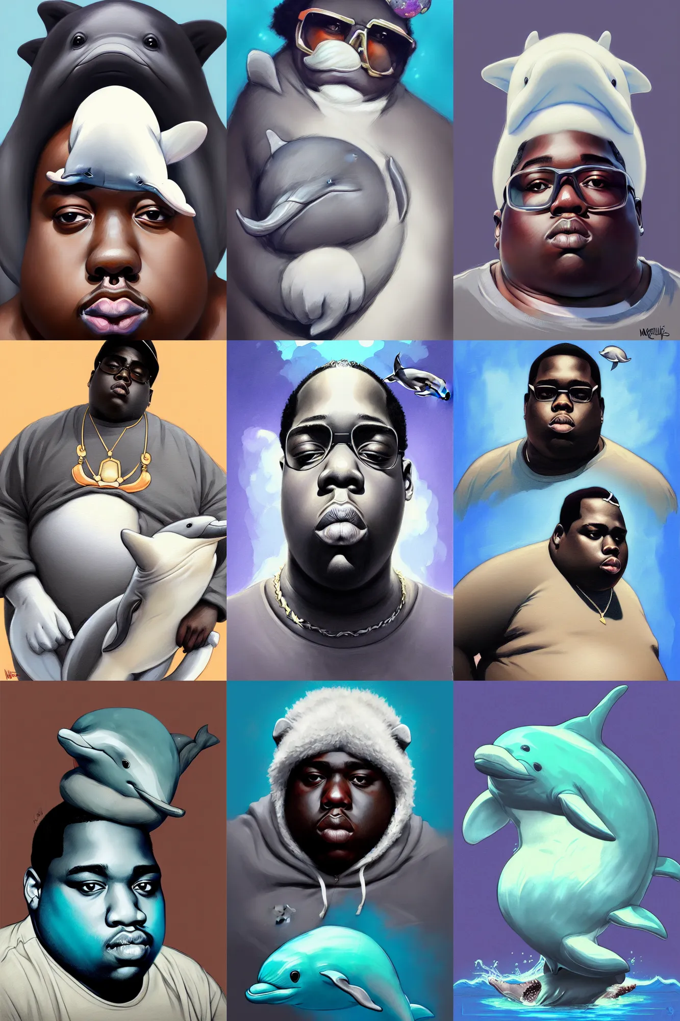 Prompt: the notorious b. i. g. as a cute and cuddly stoned dolphin, shaded lighting poster by magali villeneuve, artgerm, jeremy lipkin and michael garmash, rob rey and kentaro miura style, trending on art station