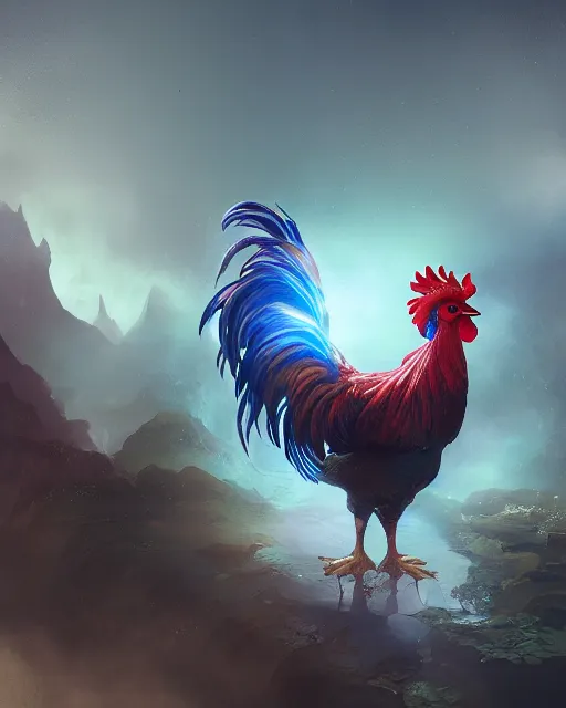 Image similar to humongous mysterious legendary rooster, frog view camera, beautiful illustration, mist, abstract, scifi, atmosphere, top lighting, focused, artstation, highly detailed, art by yuhong ding and chengwei pan and serafleur and ina wong