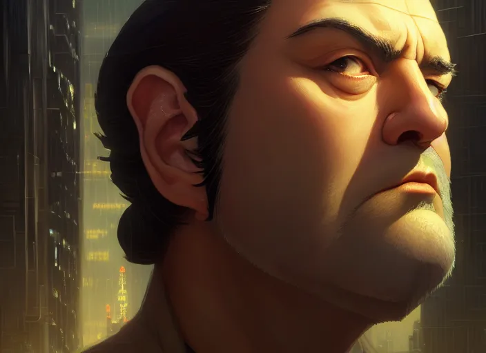 Image similar to a film still portrait of tony soprano elven king, finely detailed features, closeup of face, cinematic lighting, perfect art, night cyberpunk city, intricate, anime, gapmoe grimdark, artstation, trending on pixiv fanbox, painted by greg rutkowski makoto shinkai takashi takeuchi studio ghibli, akihiko yoshida, 4 k