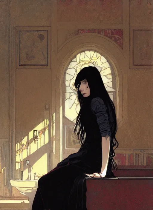 Image similar to a lonely young girl with straight long black hair wearing black dress that sitting on bathroom floor, art by artgem, greg rutkowski and alphonse mucha