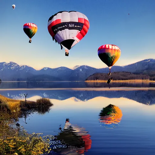 Image similar to photo of two black swans touching heads in a beautiful reflective mountain lake, a colorful hot air balloon is flying above reflecting off water, hot air balloon, intricate, 8k highly professionally detailed, centered, HDR, CGsociety