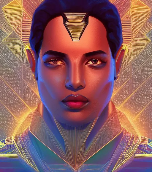 Image similar to symmetry!! egyptian prince of technology, solid cube of light, hard edges, product render retro - futuristic poster scifi, lasers and neon circuits, brown skin man egyptian prince, intricate, elegant, highly detailed, digital painting, artstation, concept art, smooth, sharp focus, illustration, dreamlike, art by artgerm