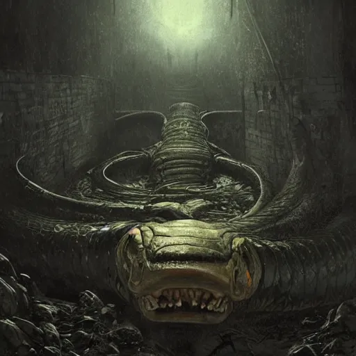 Image similar to a huge anaconda in a dark grave, horror ,digital art,realistic,detailed,art by greg rutkowski