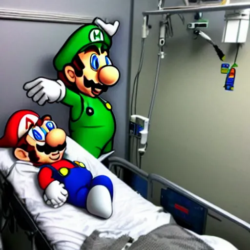 Prompt: super mario sleeping in a hospital bed