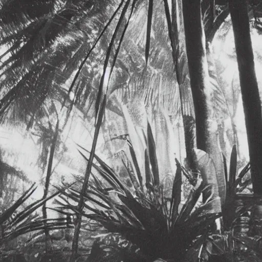 Image similar to lost film footage of a sacred in the middle of the ( ( ( ( ( ( ( ( ( tropical jungle ) ) ) ) ) ) ) ) ) / film still / cinematic / enhanced / 1 9 0 0 s / black and white / grain