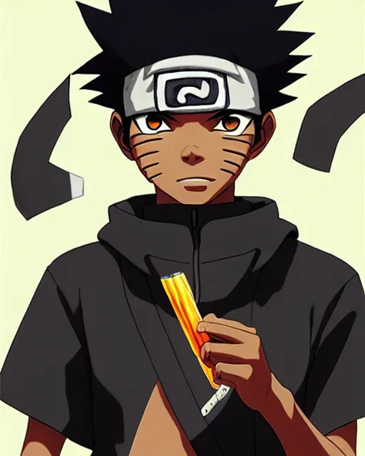 Prompt: 2 0 year old black man with short hair in naruto as a hidden leaf village ninja, smoking a joint, medium shot close up, details, sharp focus, illustration, by jordan grimmer and greg rutkowski, trending artstation, pixiv, digital art