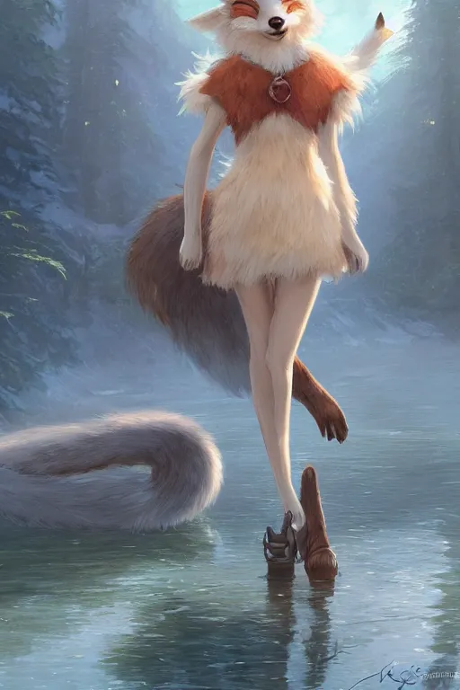 Image similar to an anthropomorphic fox girl wearing a skirt, long fluffy tail, two pointed ears, beautiful lake background, illustration by greg rutkowski, thomas kindkade, loish, artstation, furaffinity, deviantart