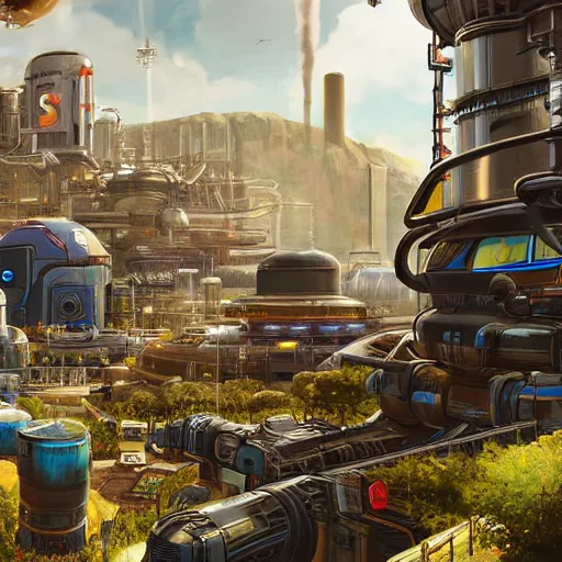 Image similar to sci fi power plant from apex legends in a pleasant urban setting surrounded by families, art station, ultra hd, soft light, overhead sun, ultra hd, art station