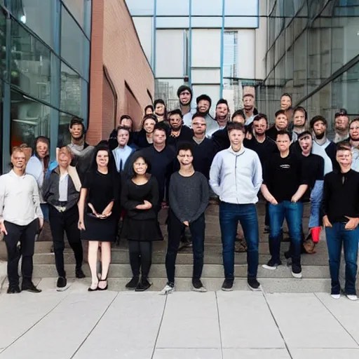 Image similar to blockchain development team of madfish solutions, corporate group photo near the office