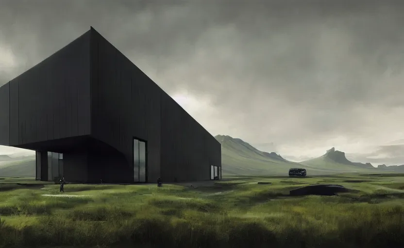 Prompt: An Exterior wide angle shot painting of a modern black architecture in the middle of a green icelandic valley, Greg Rutkowski and Craig Mullins, Cinematic and atmospheric lighting