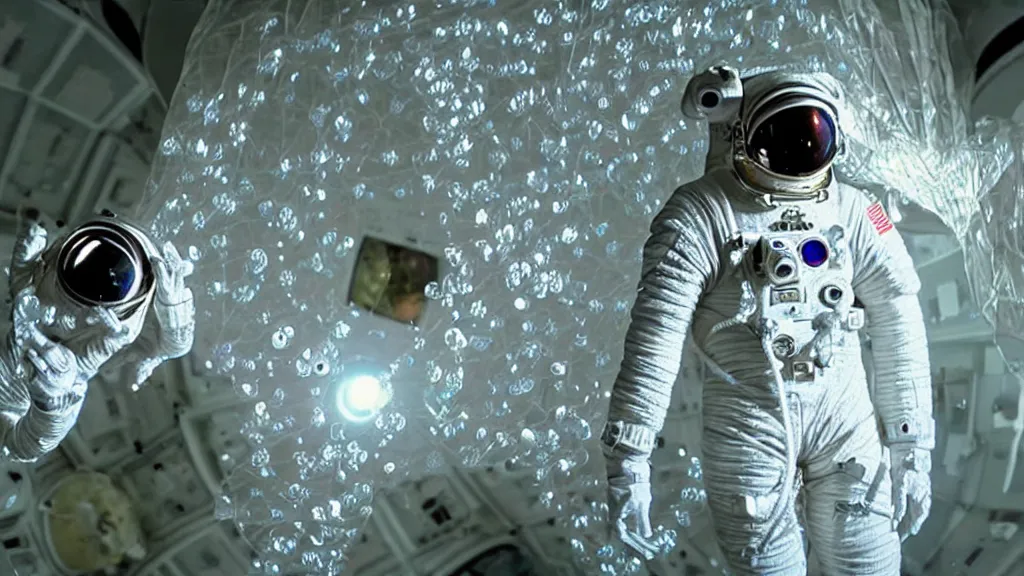 Image similar to a single astronaut eva suit made of diamond 3d fractal lace iridescent bubble 3d skin and covered with insectoid compound eye camera lenses floats through the living room, film still from the movie directed by Denis Villeneuve with art direction by Salvador Dalí, wide lens,