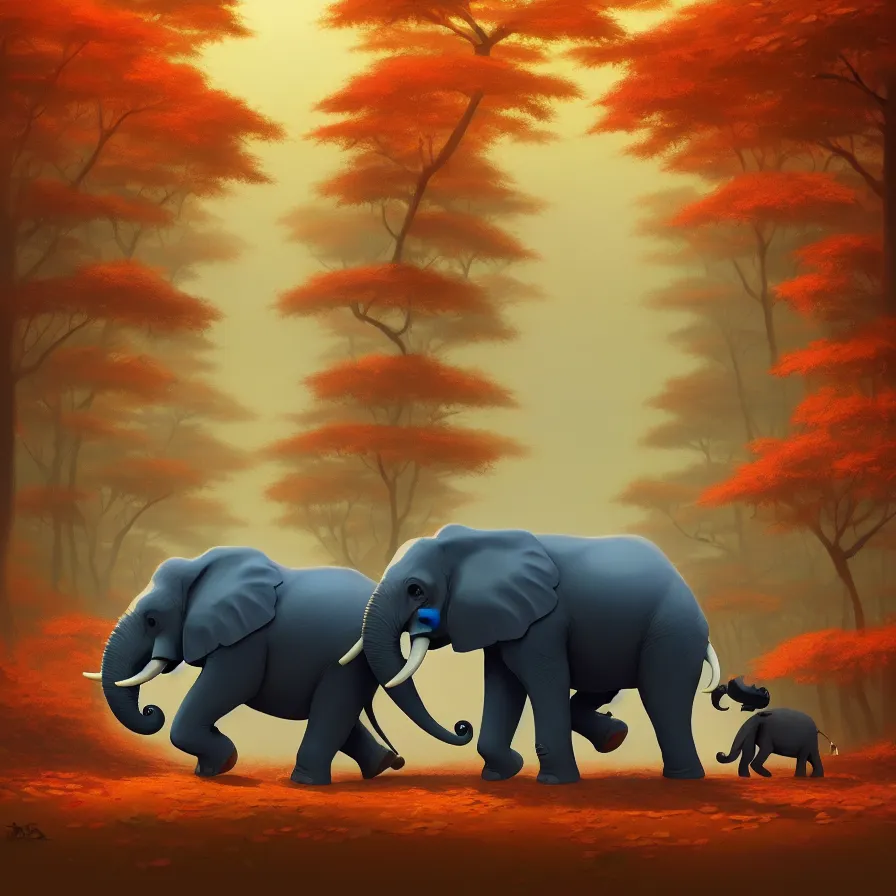 Prompt: Goro Fujita illustrating an elephant walking through a beautiful autumn forest, art by Goro Fujita, sharp focus, highly detailed, ArtStation