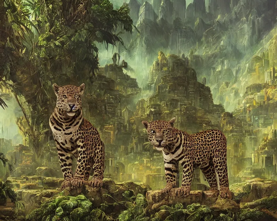 Prompt: an achingly beautiful oil painting of an Incan jaguar standing alone in the square of a resplendent futuristic jungle city by Raphael and Hopper.