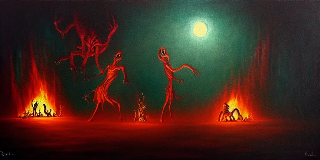 Image similar to creatures lurking in the collective unconscious, dramatic lighting from warm fire glow, in a dark surreal painting by ronny khalil