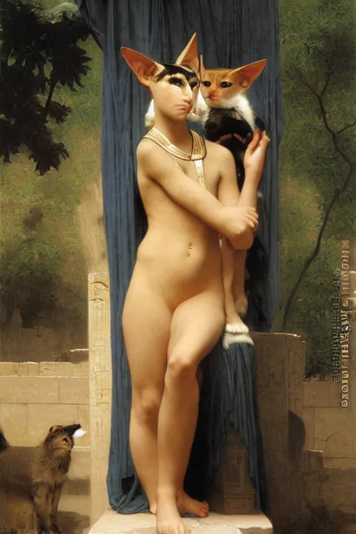 Prompt: bastet, in an egyptian temple, painting by william adolphe bouguereau