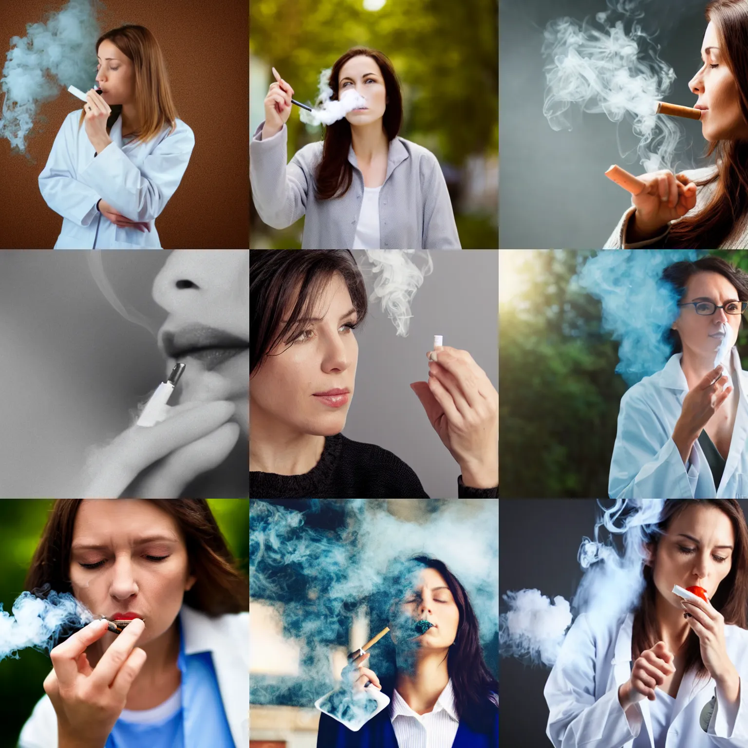 Prompt: a pharmacist woman smoking, smoke in the air