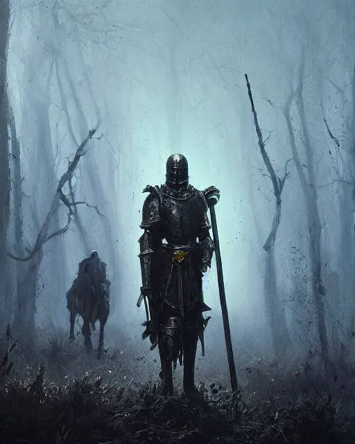 Image similar to Hyper realistic oil painting of an undead knight, knight in the foreground, fog, volumetric lighting, nighttime, moonlight, creepy, by greg rutkowski