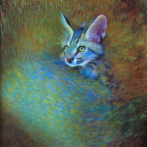 Prompt: fractal realistic noisy London prism serval pouf lily ivy , by Warwick Goble and Brian Froud and Claude Monet , postmodern , National Geographic photo , seapunk