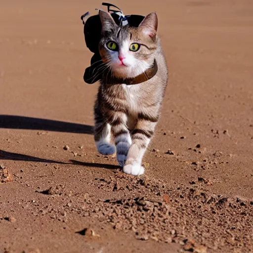 Image similar to cat wearing a spacesuit while walking on martian soil