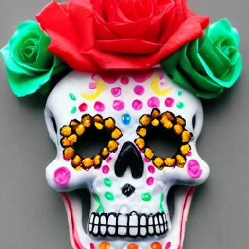 Prompt: a sugar skull made out of candy photo realistic hyper realism