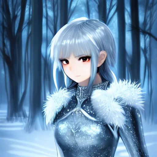 Image similar to portrait focus of knight beautiful 3D anime girl, silver Frozen ice armor wearing, dark forest background, snowing, bokeh, inspired by Masami Kurumada, digital painting, high contrast, unreal engine render, volumetric lighting, high détail