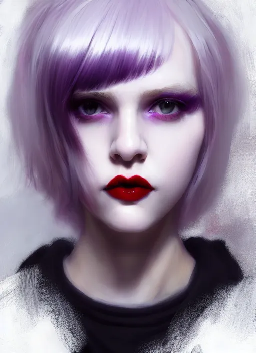 Image similar to portrait of white teenage girl, normal face, white bangs, mall goth, cyberlox, black and white hair, bangs, fluffy bangs, red contact lenses, purple lipstick, intricate, elegant, highly detailed, digital painting, artstation, concept art, sharp focus, smooth, illustration, art by wlop, mars ravelo and greg rutkowski