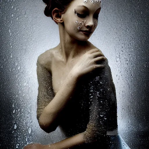 Image similar to portrait of a ballerina with a beautiful porcelain face dressed in a venecian mask, rain, cinematic light and reflections, beautiful dreamy lighting, photographed by annie leibovitz, zbrush,