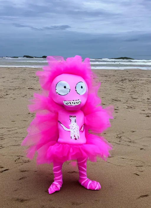 Prompt: chthulhu in a pink tutu on a beach