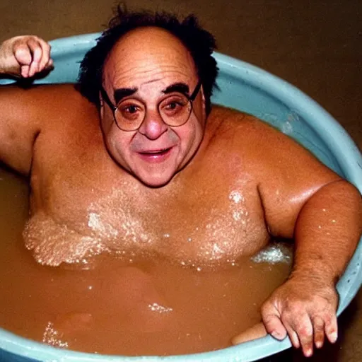 Image similar to Danny Devito in a bathtub filled with hamburgers circa 1999