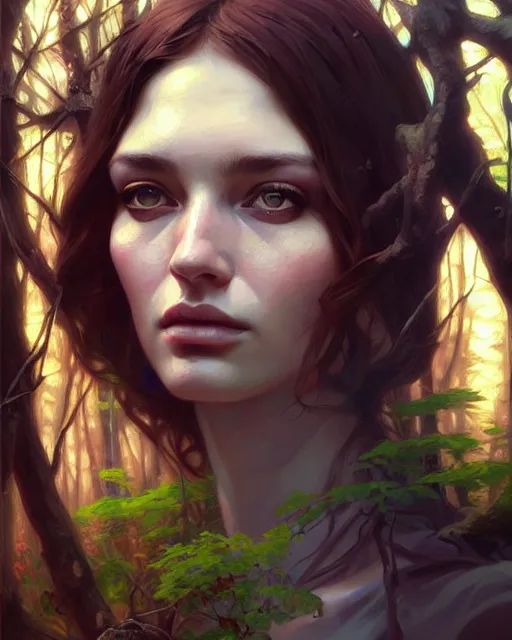 Image similar to stylized portrait of an artistic pose, composition, old forest witch surrounded by nature, realistic shaded, fine details, realistic shaded lighting poster by ilya kuvshinov, magali villeneuve, artgerm, jeremy lipkin and michael garmash and rob rey