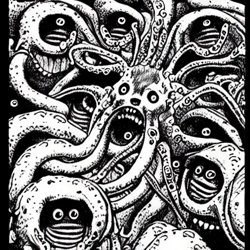 Image similar to a horrifying corgi demon with many eyes and tentacles, detailed manga drawing by junji ito, kentaro miura