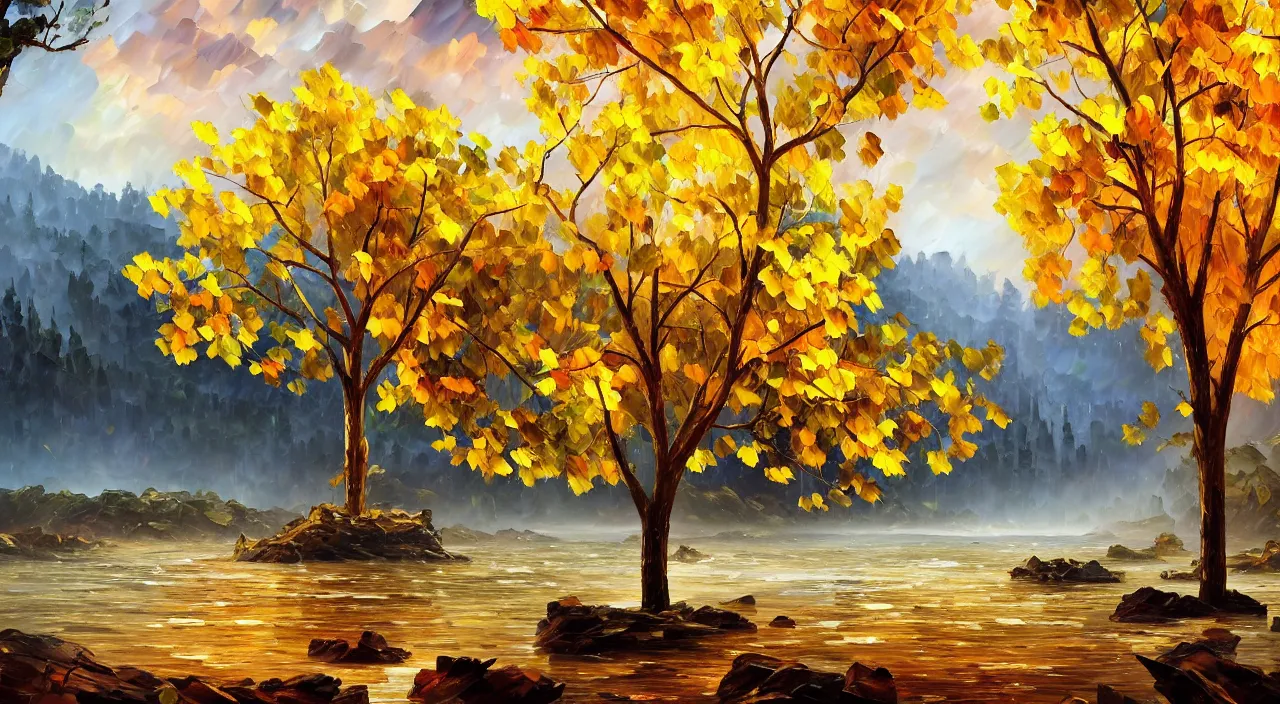 Image similar to A highly detailed matte oil painting by Afremov and Greg Rutkowski of a very tall tree with lots of golden leaves growing on a pile of rocks in the middle of a river of pure gold.