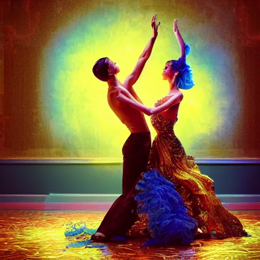 Prompt: Two ballroom dancers dissolving into an explosion of particles, half body shot, waist up, oil spill, neon blue color scheme and lighting, 3d octane render, insanely detailed and intricate, super detailed, fluid sim, golden ratio, ornate, luxury, elite, mark ryden, realistic 3D, hyper realistic
