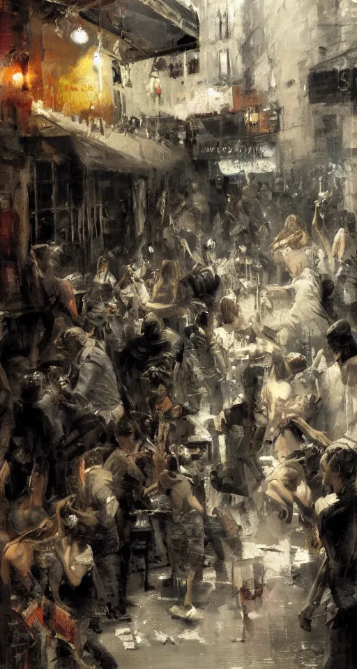 Prompt: painting of patients partying outside the dance club during a war, by Jeremy Mann and Jason Jenicke, highly detailed, stylized, loose brush strokes, intricate, realistic, exaggerated lighting, dramatic lighting, sense of scale, sense of movement, sensual