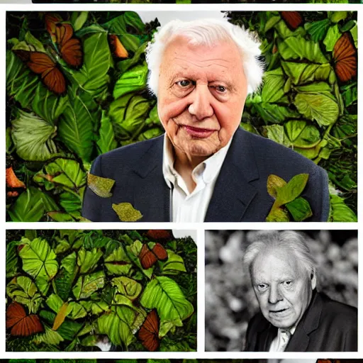 Prompt: a portrait of a sir david attenborough constructed from leaves, collage, organic, layered composition, layers, texture, mcu, plants, 🌱, butterflies, 🦋, highly textured, layered, sculpted, dynamic,