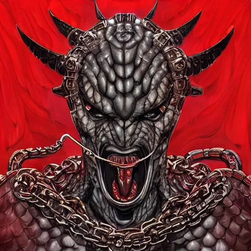 Image similar to hybrid snake, dark angel, demon, satan, red eyes, chain, handcuffs, large chain, wide open mouth, scream, cruelty, light effect, hyper detailed, intricate, elegant, highly detailed, digital painting, artstation, concept art, matte, sharp focus, illustration, by dan mumford, yusuke murata, makoto shinkai, ross tran