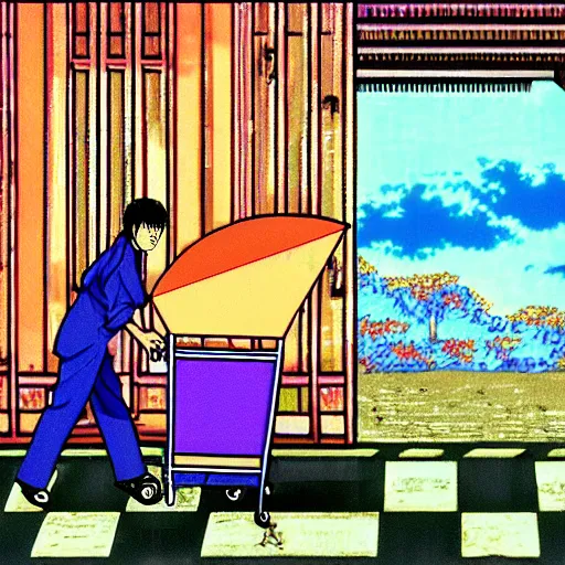 Image similar to man pushing a cart uphill in ulan bataar, sprite, vaporwave nostalgia, directed by beat takeshi, visual novel cg, 8 0 s anime vibe, kimagure orange road, maison ikkoku, initial d, sketch by osamu tezuka, directed by hideki anno